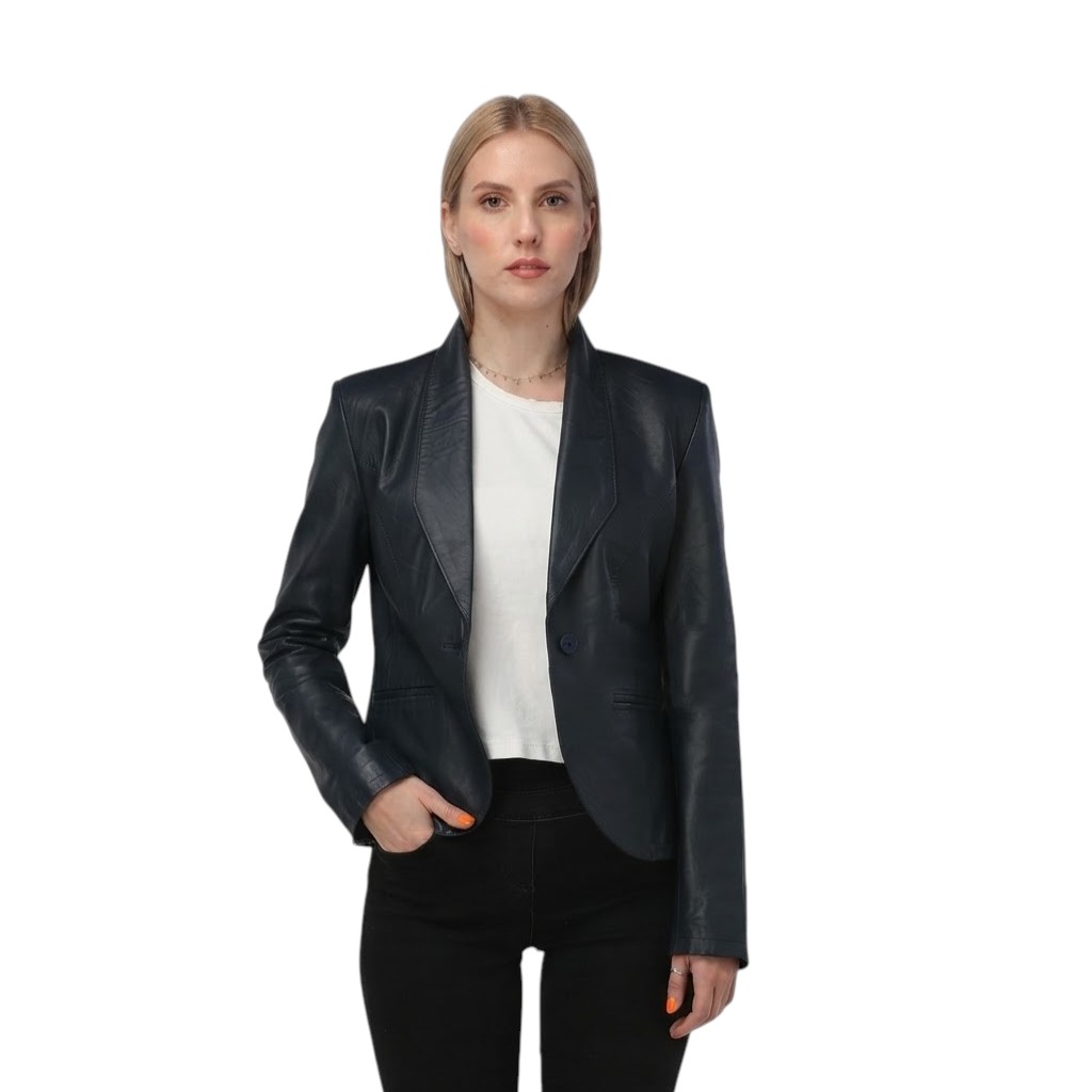 image (2) Mary Navy Blue Leather Blazer - Image 1