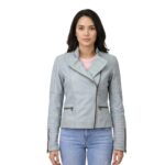 Quilted And Puffer Cuffs Grey Leather Jacket For Women