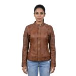 Quilted Shoulder Long Sleeves Brown Leather Jacket For Women