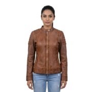 Quilted Shoulder Long Sleeves Brown Leather Jacket For Women
