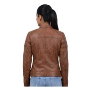 Quilted Shoulder Long Sleeves Brown Leather Jacket For Women - Image 2