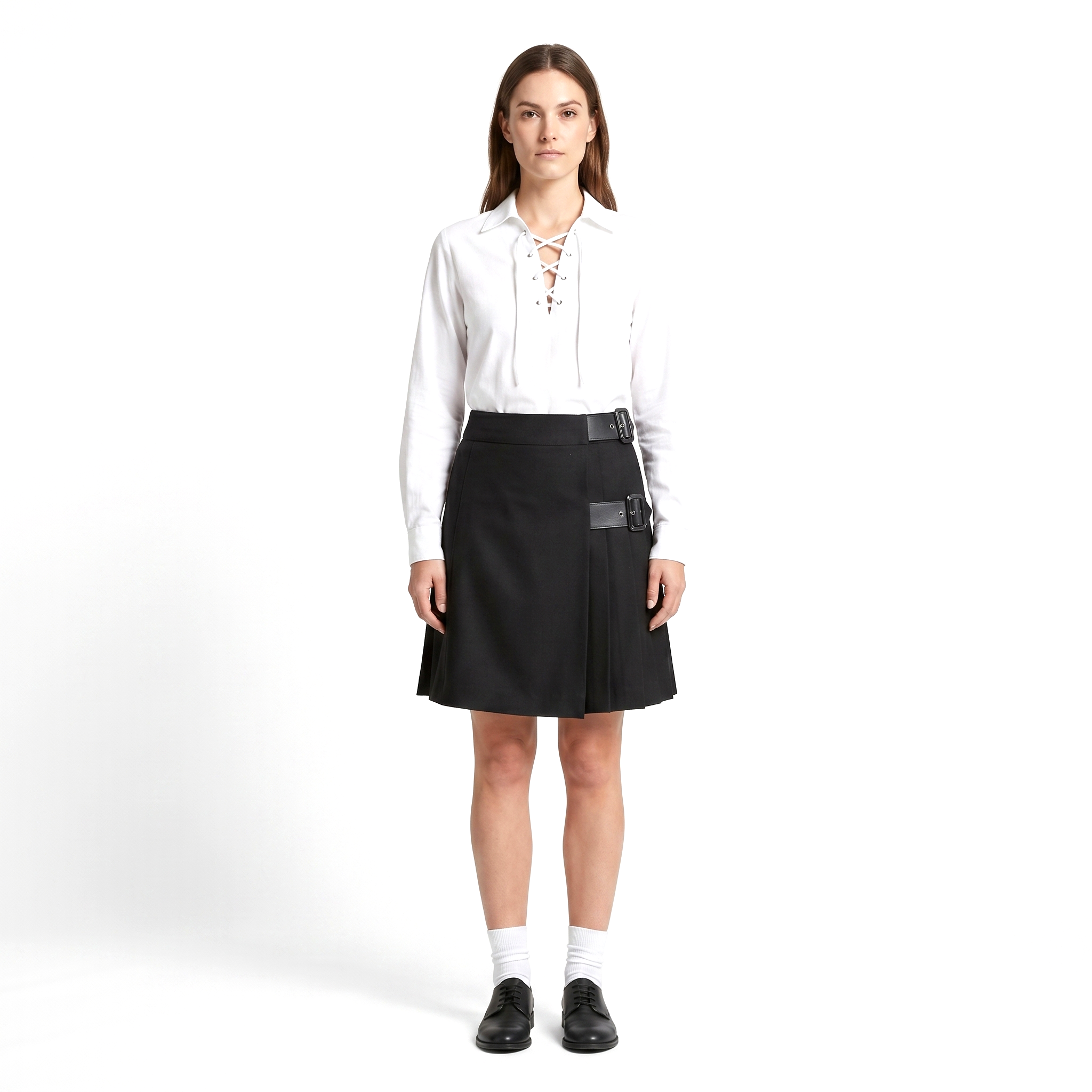 processed_Modern Black Short Kilt with Leather Straps Modern Black Short Kilt with Leather Straps - Image 1