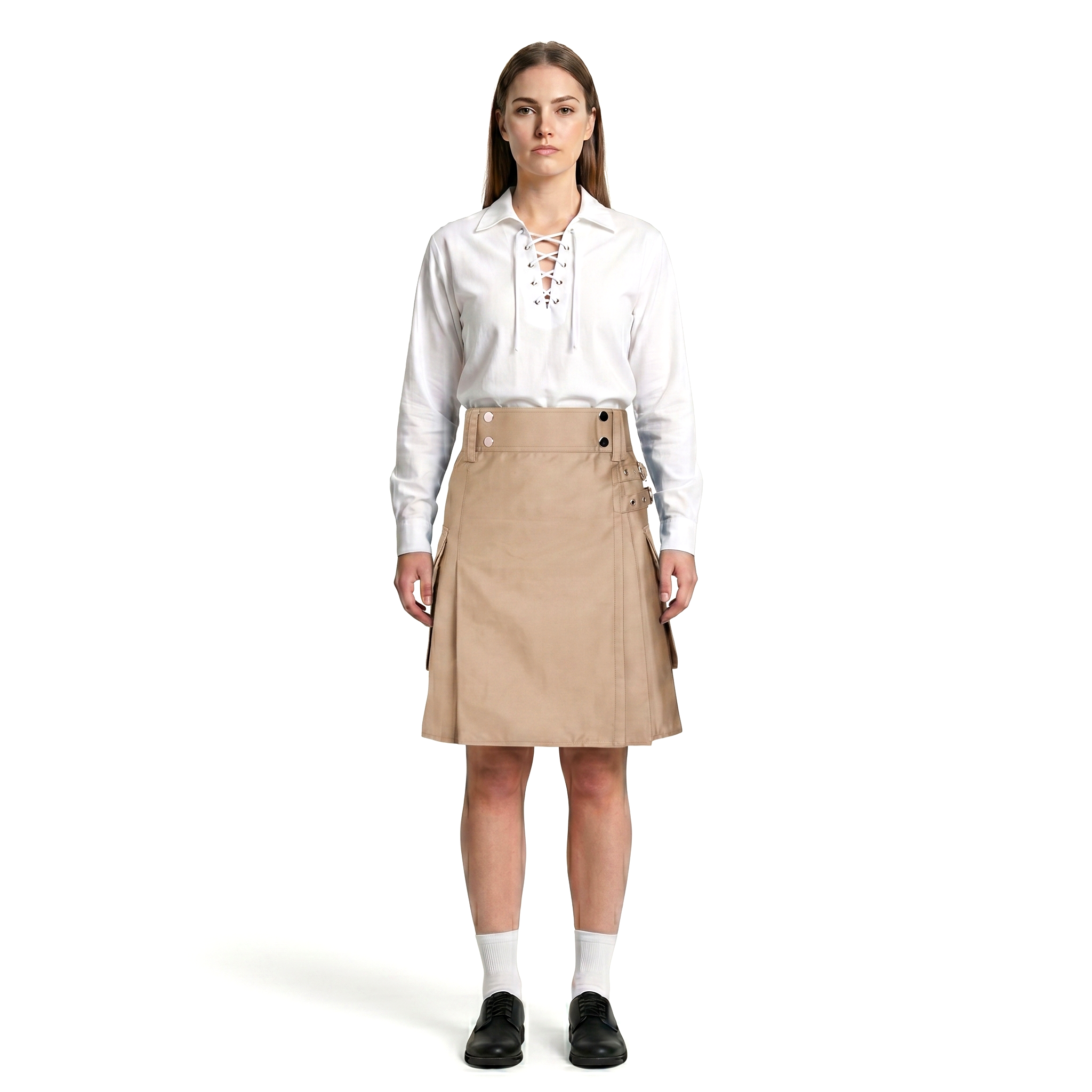 processed_Women Beige Utility Kilt with Large Pockets Women’s Beige Utility Kilt with Large Pockets - Image 1
