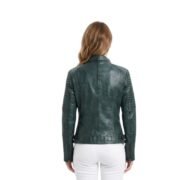 Green Casual Zippers Leather Jacket with Quilted Sleeves For Women - Image 2