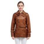 Real Leather Brown Buttoned Coat For Women