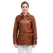 Real Leather Brown Buttoned Coat For Women
