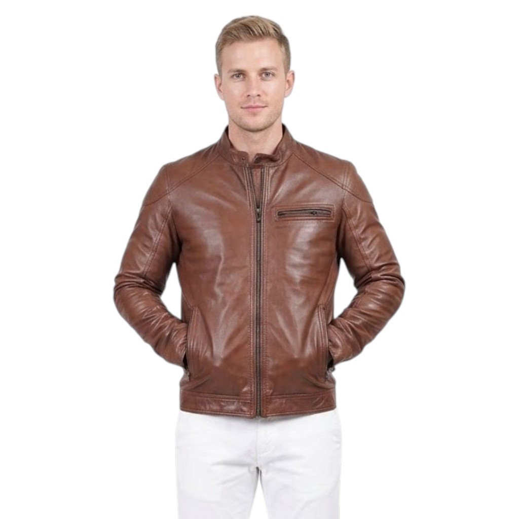 transparent-Photoroom (1) Brown Real Leather Jacket With Zipper Pockets - Image 1