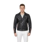 Long Flap Collar Real Leather Black Biker Jacket For Men