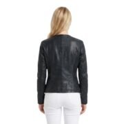 Blackish Blue Round Neck Leather Jacket for Women - Image 2
