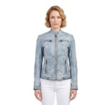 Ice Blue Zippers Leather Jacket For Women