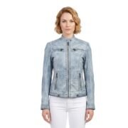 Ice Blue Zippers Leather Jacket For Women