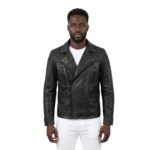 Quilted And Zipper Pockets Black Biker Leather Jacket For Men