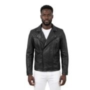 Quilted And Zipper Pockets Black Biker Leather Jacket For Men