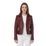 Burgundy Leather Jacket with Asymmetric Zipper