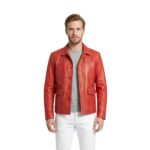 Flap Pockets Men Red Leather Jacket
