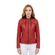 Motorcycle Style Red Leather Jacket With Hoodie For Women