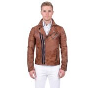 Double Zipper Brown Leather Jacket For Men