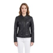 Black Soft Collarless Leather Jacket With Quilted Sleeves