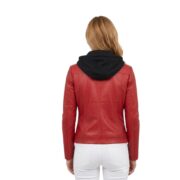 Motorcycle Style Red Leather Jacket With Hoodie For Women - Image 2