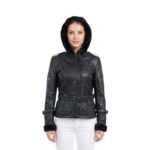Flap And Buckle Shearling Leather Coat With Hoodie For Women