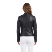 Black Soft Collarless Leather Jacket With Quilted Sleeves - Image 2