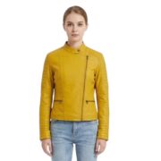 Mustard Long Sleeves Leather Jacket For Women