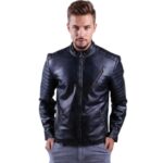 Quilted Shoulder Dark Blue Leather Jacket for Men