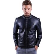 Quilted Shoulder Dark Blue Leather Jacket for Men