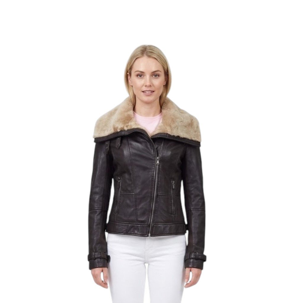 transparent-Photoroom (15) Chocolate Brown B3 Bomber Shearling Collar Leather Jacket For Women - Image 1