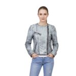 Ice White Quilted Shoulder Leather Jacket For Women