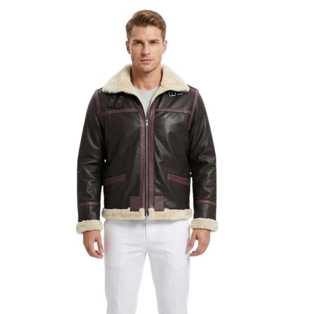 transparent-Photoroom (16) Bomber Shearling Jacket B3 With Reddish Brown Stripes - Image 1