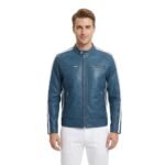 Blue Men Leather Jacket With White Stripes Sleeves