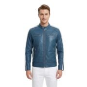 Blue Men Leather Jacket With White Stripes Sleeves