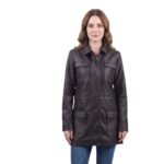 Chocolate Brown Flap Pockets Long Leather Coat For Women