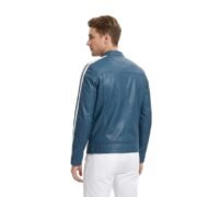 Blue Men Leather Jacket With White Stripes Sleeves - Image 2