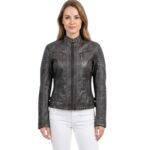 Gray Wax Leather Jacket Stylish Zippers Jacket For Women