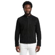 Black Suede Leather Jacket In Neck Collar For Men