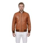 Camel Brown Bomber Leather Jacket With Rib Knit For Men