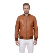 Camel Brown Bomber Leather Jacket With Rib Knit For Men