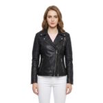Zippers Leather Jacket for Women with Quilted Sleeves