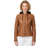 Motorcycle Style Brown Leather Jacket With Hoodie For Women