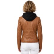 Motorcycle Style Brown Leather Jacket With Hoodie For Women - Image 2