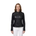 Zipper Pockets Black Leather Jacket For Women