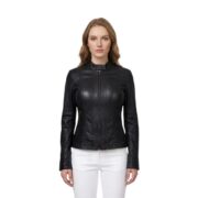 Zipper Pockets Black Leather Jacket For Women