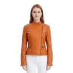 Deep Orange Long Sleeves Leather Jacket For Women