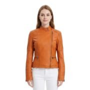 Deep Orange Long Sleeves Leather Jacket For Women
