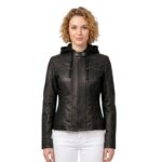 Motorcycle Style Black Leather Jacket With Hoodie For Women