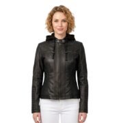 Motorcycle Style Black Leather Jacket With Hoodie For Women