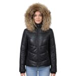 Puffer Style Black Leather Jacket With Fur Hoodie For Women
