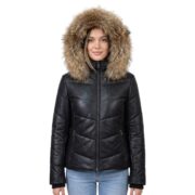 Puffer Style Black Leather Jacket With Fur Hoodie For Women